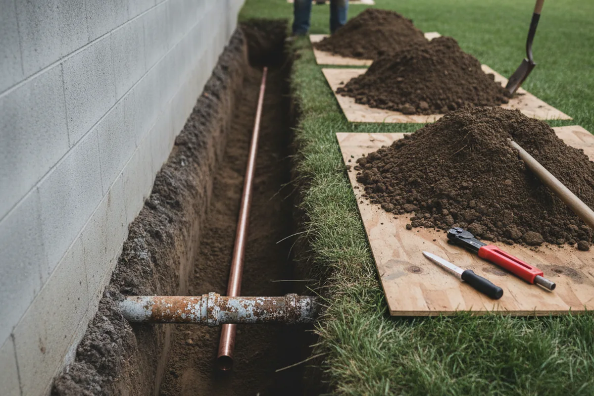 Excavated water line trench during Water Softener Installation in New Ellenton